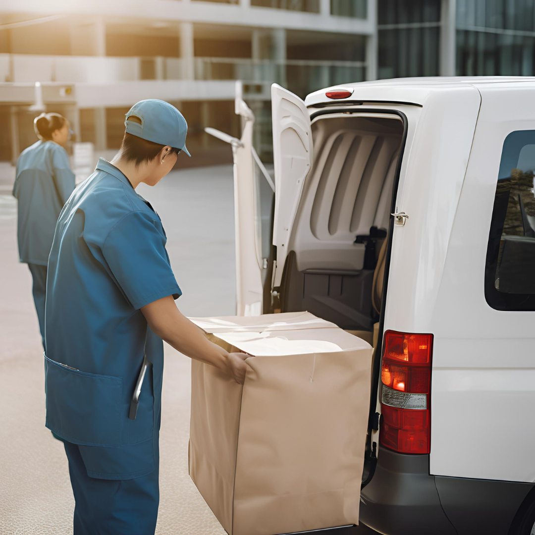 Healthcare logistics professional handling a medical delivery